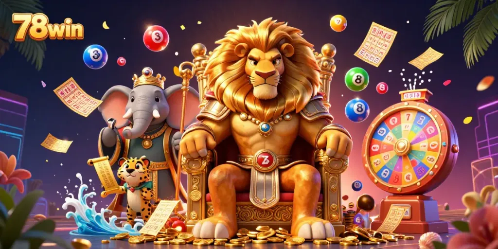Engage in thrilling gameplay at 78win with a vibrant casino scene featuring a lion king, elephant advisor, and cheetah messenger.