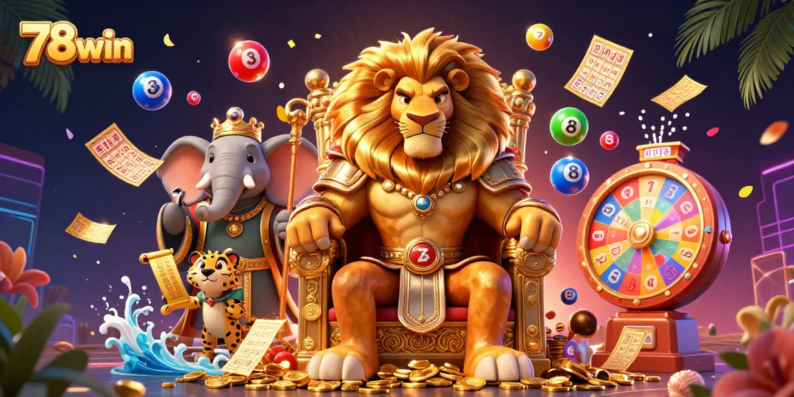 Engage in thrilling gameplay at 78win with a vibrant casino scene featuring a lion king, elephant advisor, and cheetah messenger.