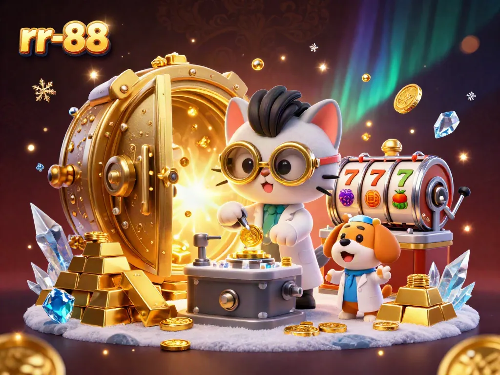 Engage in thrilling winning with rr-88 featuring mad scientist cat, slot reels, gold coins, and sparkling gems.