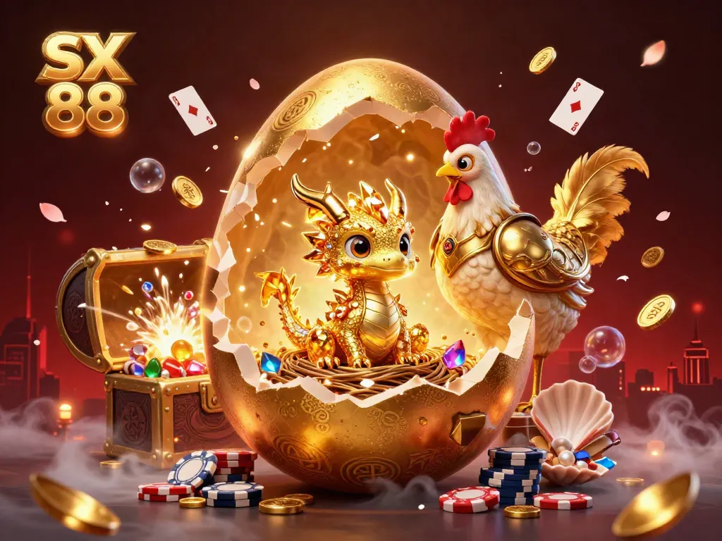 Experience the vibrant SX 88 casino scene featuring a golden egg dragon and poker chips amidst colorful game elements.