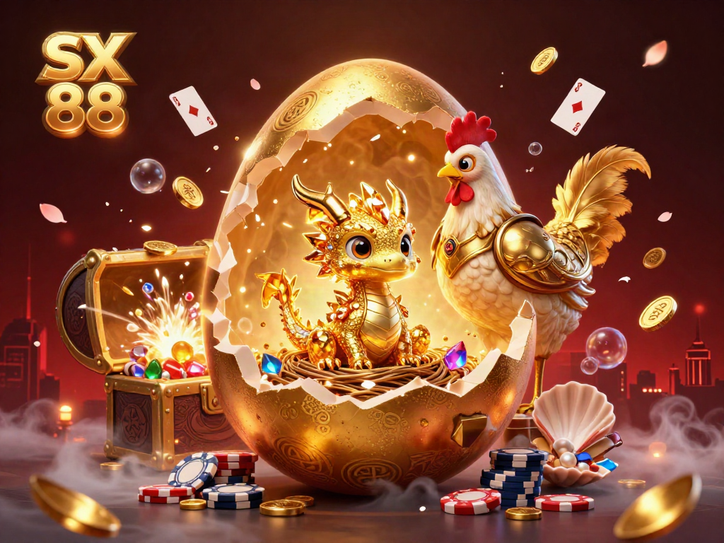 Experience the vibrant SX 88 casino scene featuring a golden egg dragon and poker chips amidst colorful game elements.
