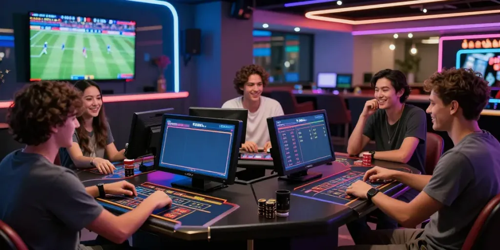 Friends enjoying the z bet experience while placing online bets in a vibrant gaming lounge atmosphere.