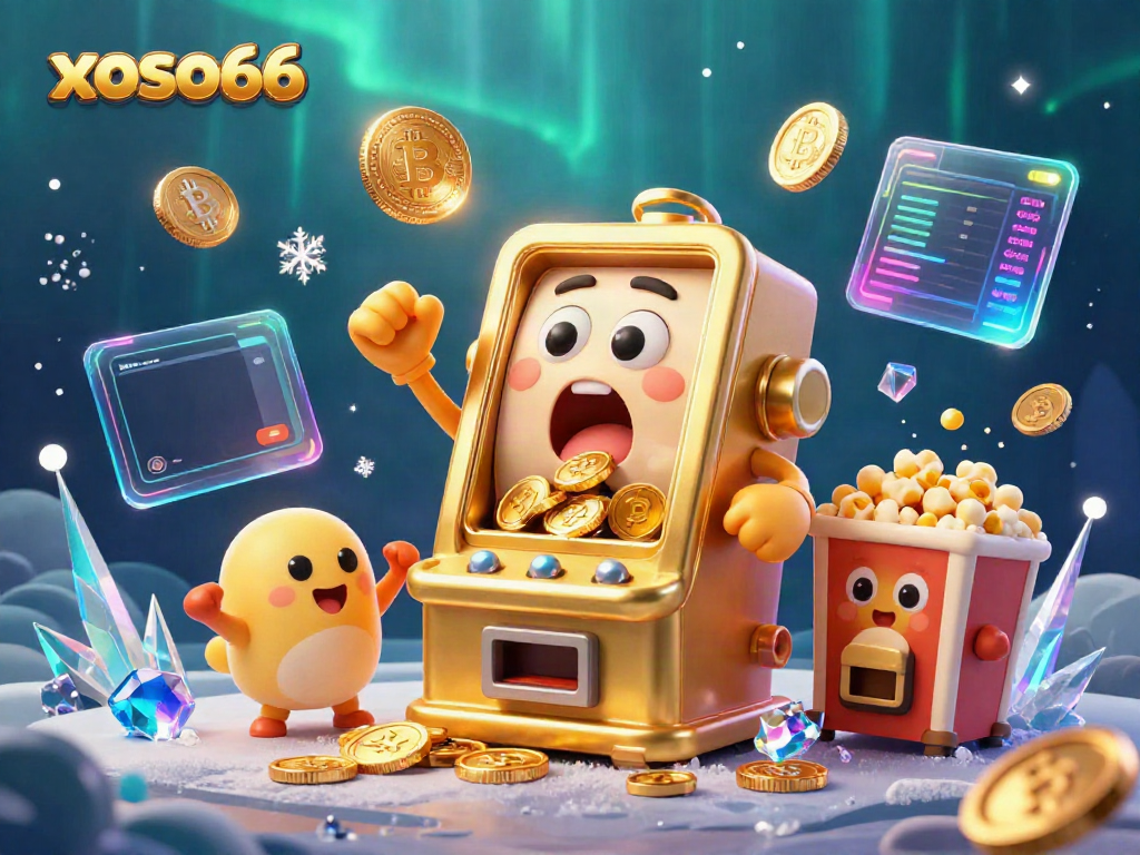 Xoso66 slot machine wins jackpot, celebrating with coins and cheerful smaller machines in a vibrant 3D scene.