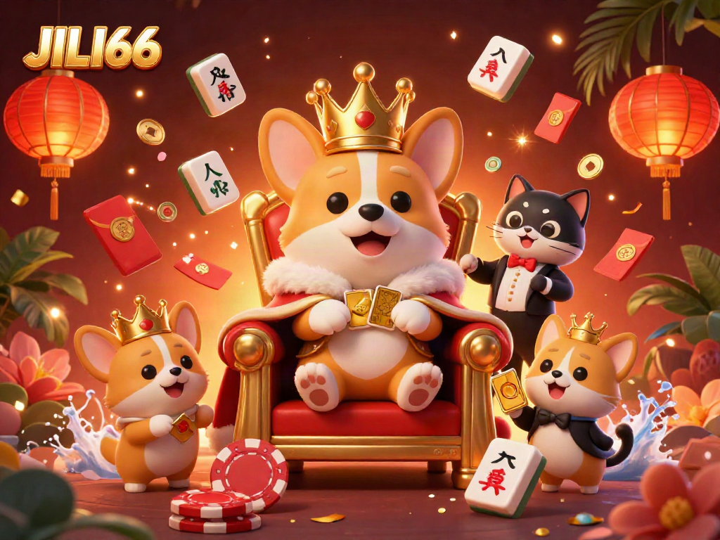 Engage with JILI66, featuring a majestic corgi royal adorned in a golden crown, set in a vibrant casino scene.