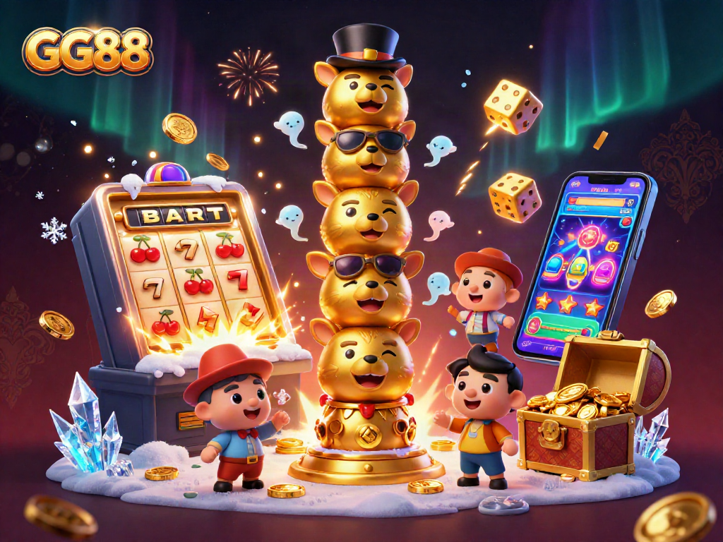 Engage with GG88's vibrant casino atmosphere featuring colorful slot machines and dynamic gaming elements.
