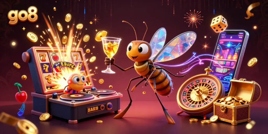 Engage with the go8 casino experience through a vibrant scene of characters and gambling elements.