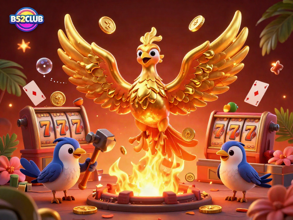 B52CLUB's golden phoenix and sparrows create vivid winning energy amidst dynamic slot elements and ocean-themed backdrop.