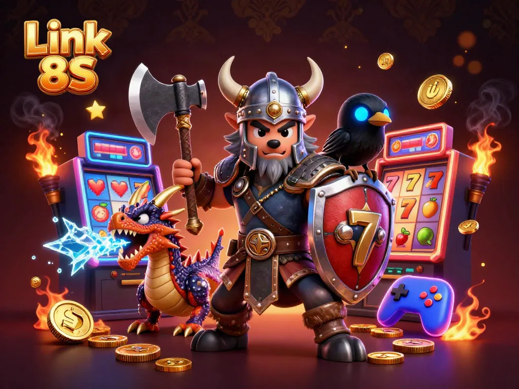 Join the fun with Link 8S gaming featuring a Viking warrior and dragon amidst colorful slot machines.