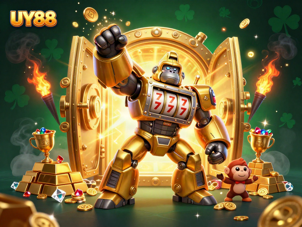 Join the action at UY88 with stunning games featuring a golden gorilla mech, treasures, and vibrant casino themes.