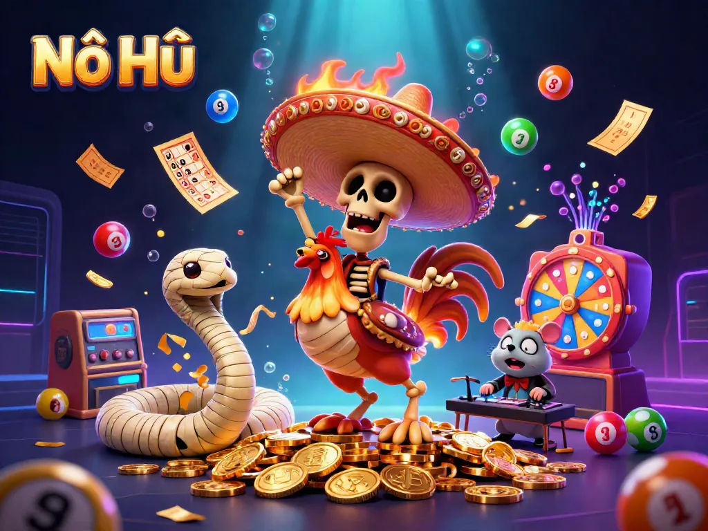 Nổ Hũ scene showcasing vibrant characters celebrating on golden coins with colorful lottery elements bursting around them.
