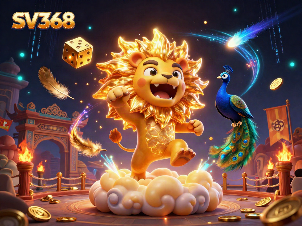 Engage in thrilling gameplay at SV368, featuring a vibrant 3D illustration with a roaring sun lion, golden dice, and an exhilarating betting arena.