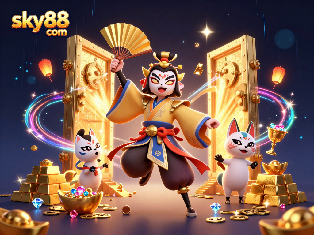 Engage with exciting offerings at sky88 com with a vibrant casino scene featuring dynamic characters and treasures.