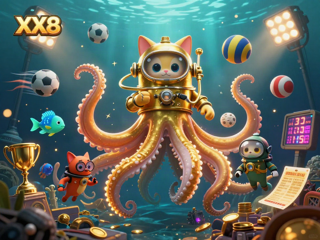 Engage in exhilarating gambling experiences with XX8 while exploring a vibrant underwater scene featuring a colossal kraken and fun sports elements.