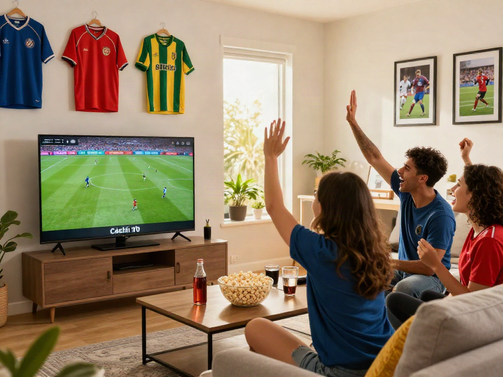 Friends watching a live football match on CakhiaTV, celebrating with excitement.