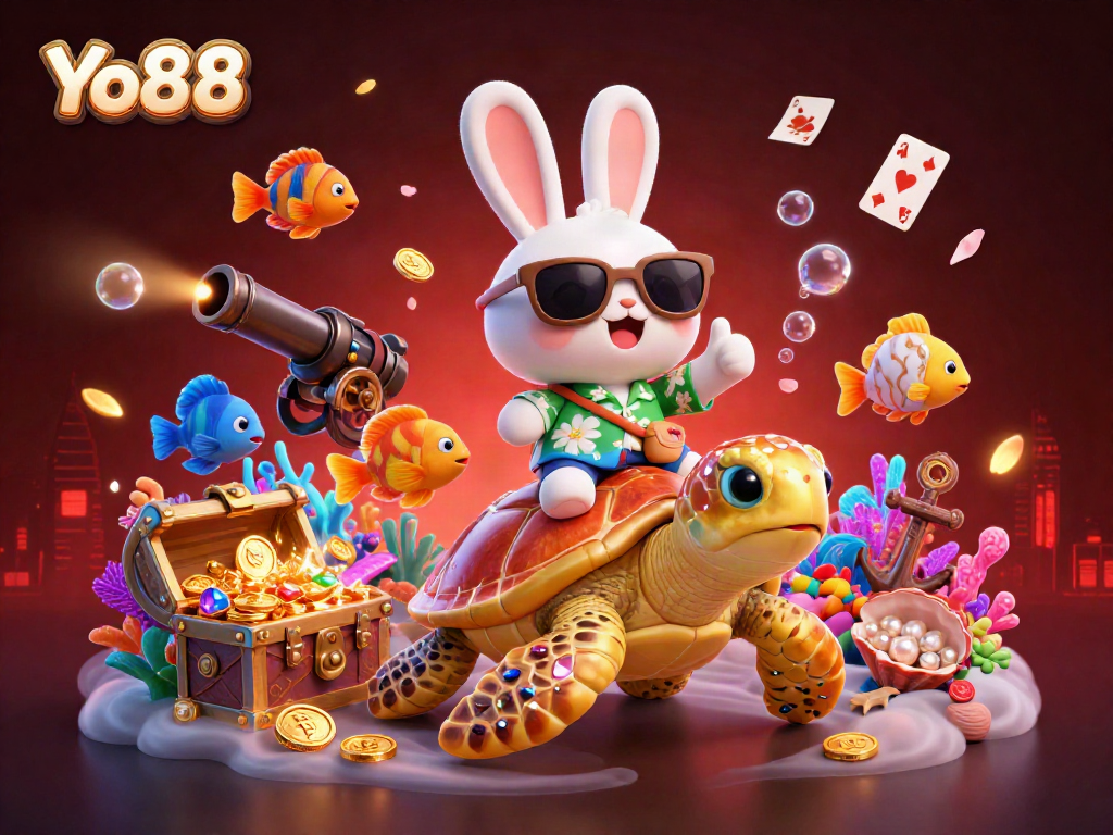 Experience the thrill of Yo88 with a lively 3D scene featuring a lucky rabbit and golden turtle in a vibrant underwater casino.