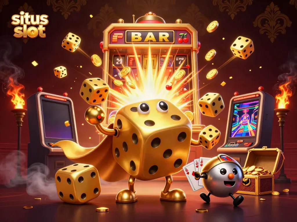 Engage in exhilarating slot action at situs slot featuring dynamic golden dice golem juggling and explosive jackpot elements.