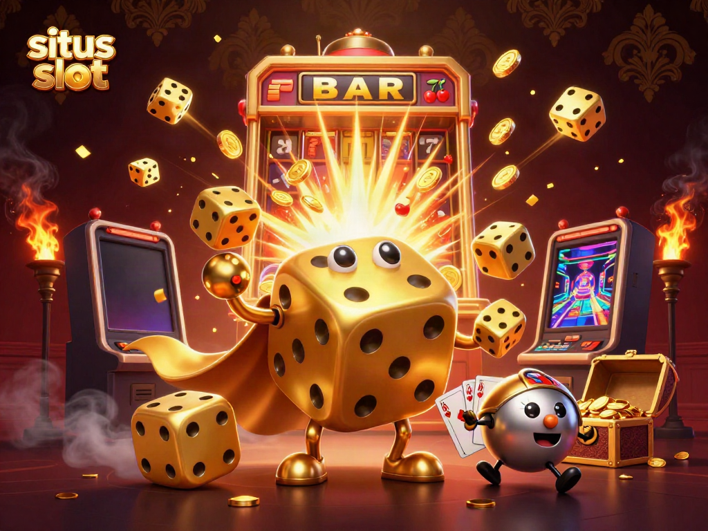 Engage in exhilarating slot action at situs slot featuring dynamic golden dice golem juggling and explosive jackpot elements.