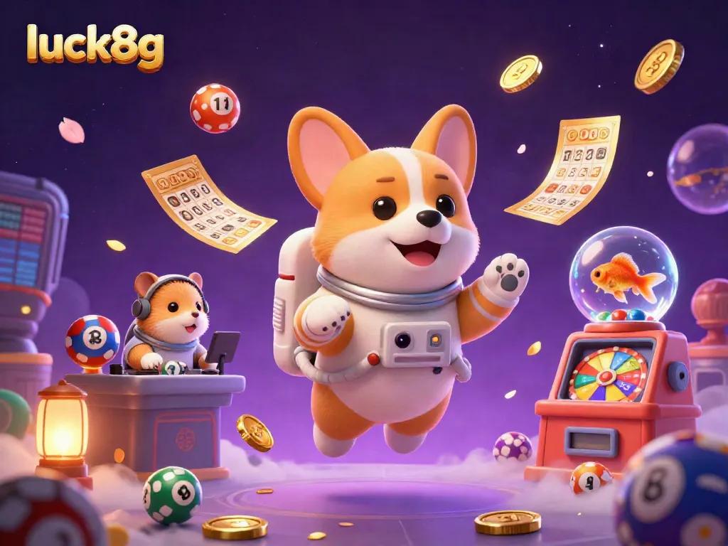 Play and win at luck8g's virtual casino with colorful lottery elements and adorable characters