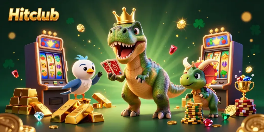 Hitclub brings excitement alive as a T-Rex plays cards, surrounded by vibrant casino treasures and game symbols.