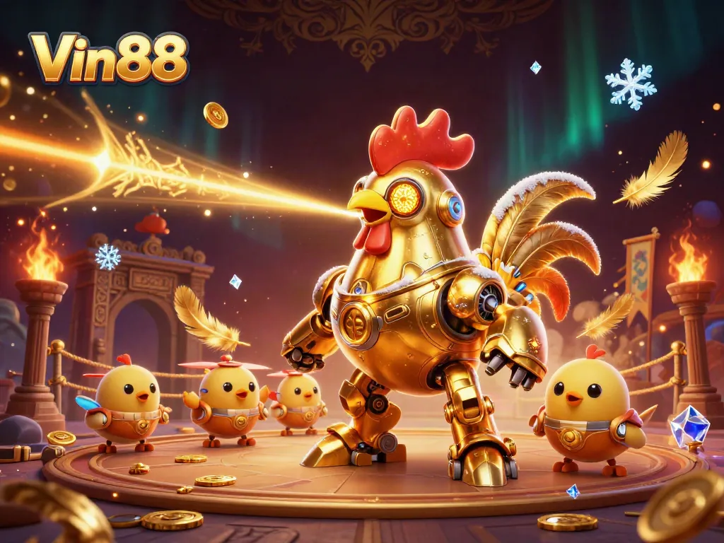 Engage with Vin88's exciting casino experience featuring a retro-futuristic golden rooster robot.