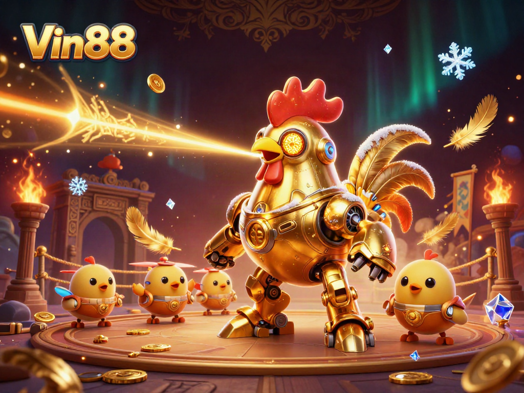 Engage with Vin88's exciting casino experience featuring a retro-futuristic golden rooster robot.