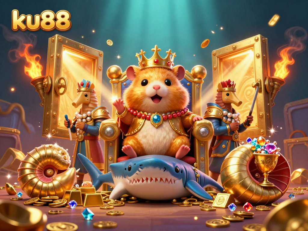 Engage with ku88's vibrant casino atmosphere featuring a golden hamster king and treasure elements.