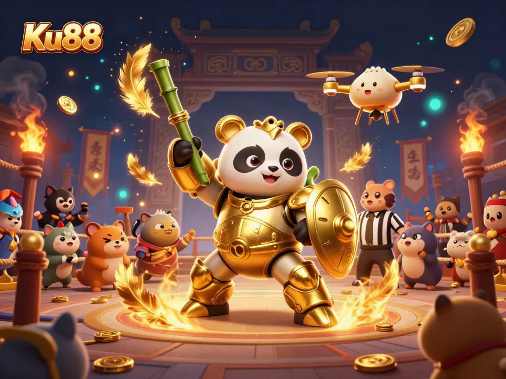Engage in thrilling cockfighting action with Ku88 in a vibrant 3D arena filled with excitement.