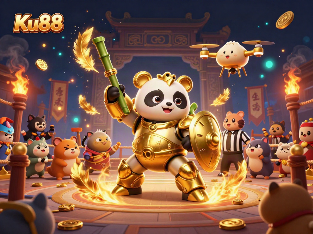 Engage in thrilling cockfighting action with Ku88 in a vibrant 3D arena filled with excitement.