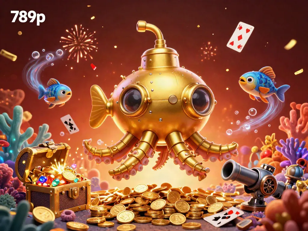 Engage with the thrilling world of 789p casino gaming, featuring a golden kraken submarine in a sea of coins.