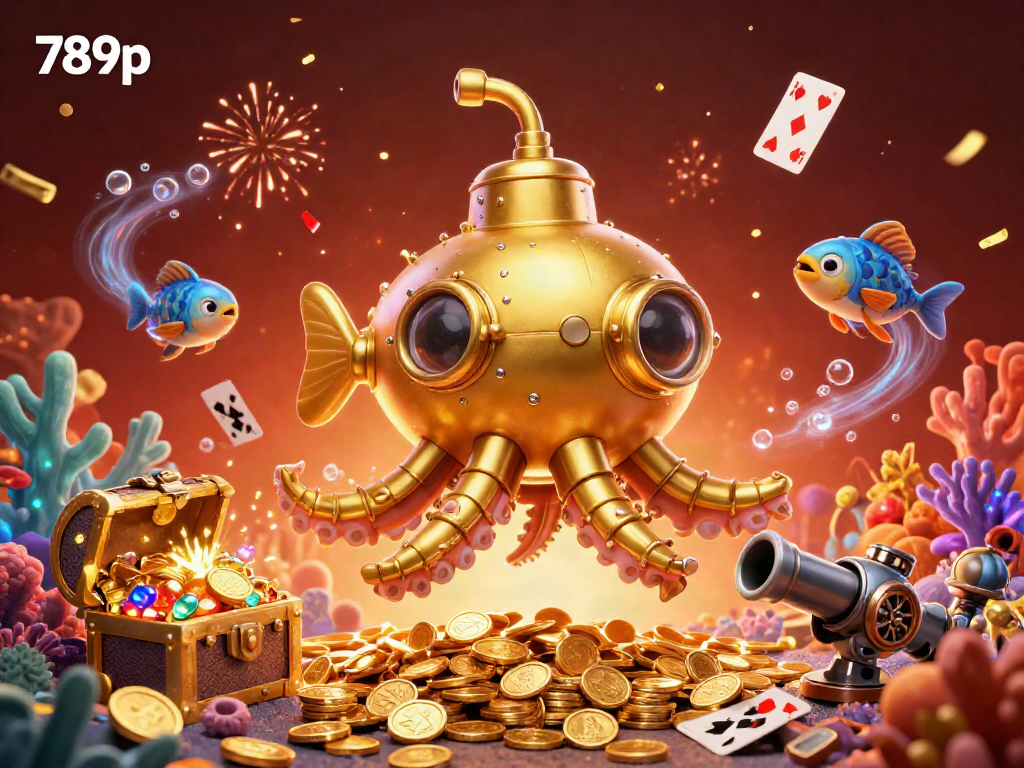 Engage with the thrilling world of 789p casino gaming, featuring a golden kraken submarine in a sea of coins.
