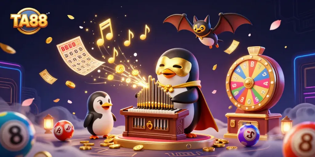 Experience the thrill of TA88 as a penguin organist unleashes golden coins in a dynamic casino scene.
