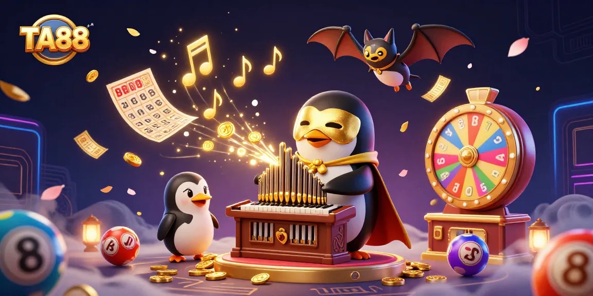 Experience the thrill of TA88 as a penguin organist unleashes golden coins in a dynamic casino scene.