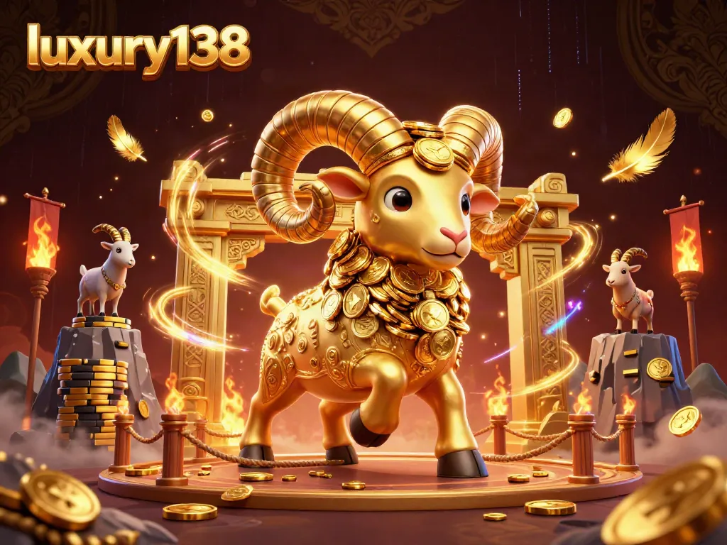 Engage in thrilling gameplay with luxury138, featuring a vibrant 3D scene of a golden ram charging through a casino.