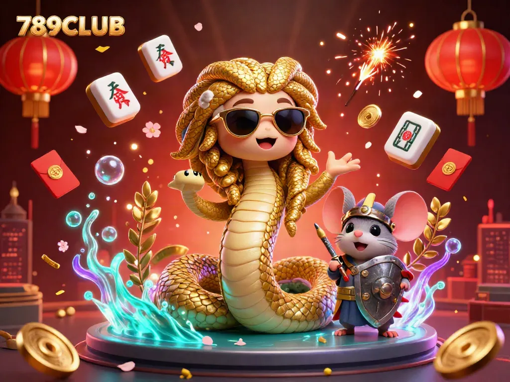 Engage with 789CLUB's dynamic scene showcasing Medusa and a warrior mouse in a vibrant gambling world.