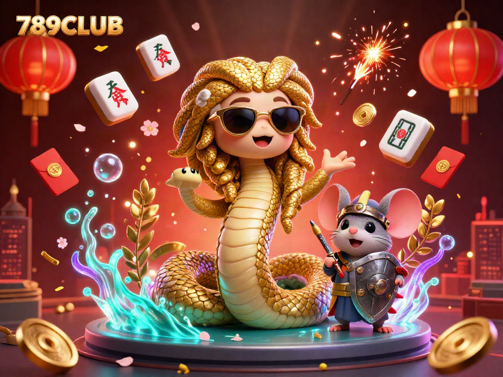 Engage with 789CLUB's dynamic scene showcasing Medusa and a warrior mouse in a vibrant gambling world.