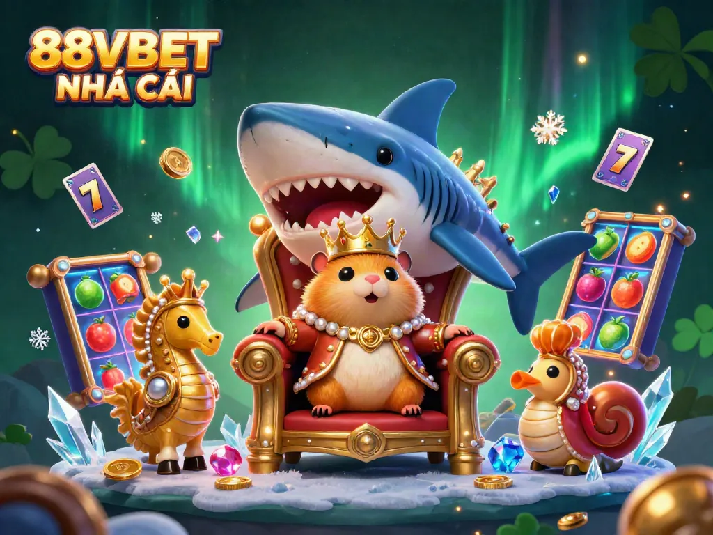 Experience the vibrant world of 88VBET NHÀ CÁI with a golden hamster king amidst slot machines and jackpot symbols.