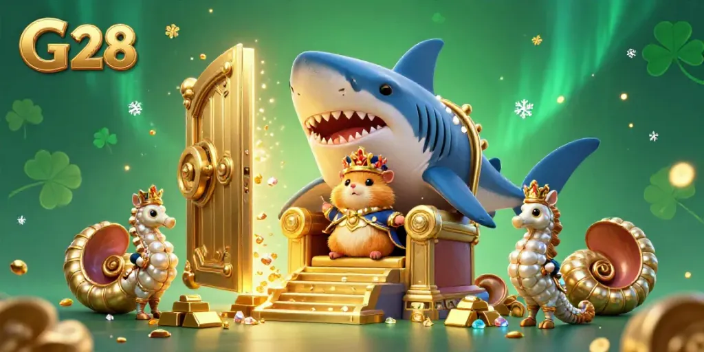 Experience the thrill of G 28 with a golden hamster king amidst dazzling treasures in this vibrant casino-themed scene.