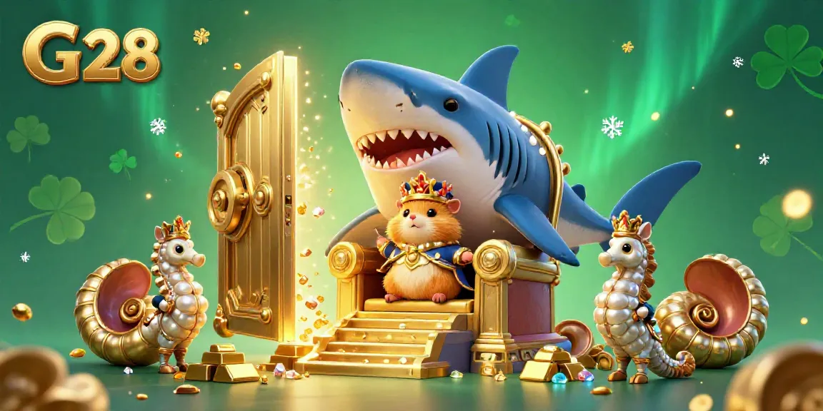 Experience the thrill of G 28 with a golden hamster king amidst dazzling treasures in this vibrant casino-themed scene.