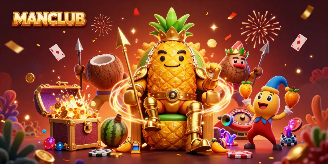 Engage with MANCLUB's vibrant casino scene featuring a gold pineapple king and interactive gaming elements.