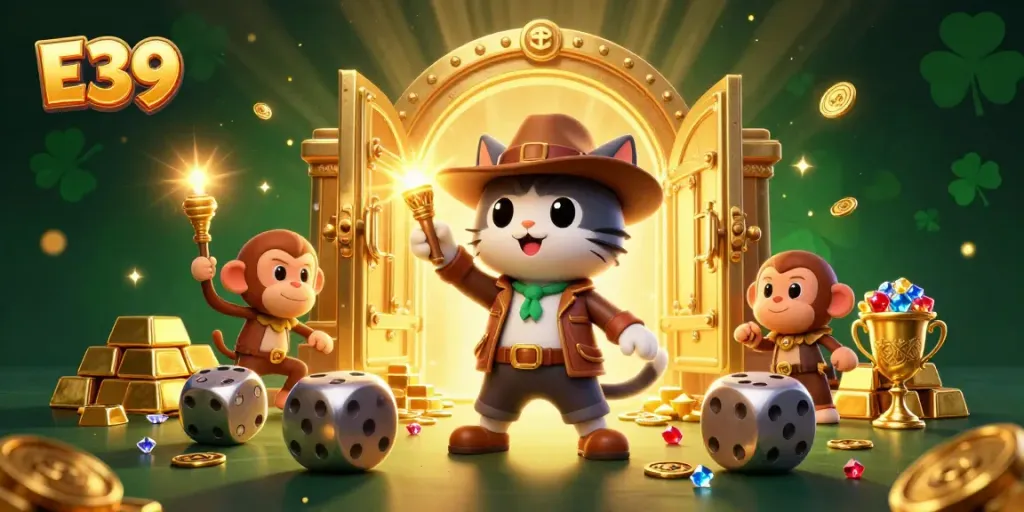 E39 offers thrilling adventures in a vibrant casino-themed illustration with treasure and excitement.