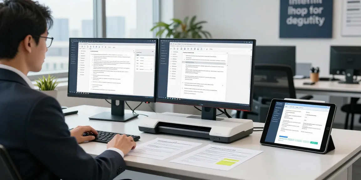 Document fraud detection workspace featuring analysts using technology for secure verification of documents in a professional setting.