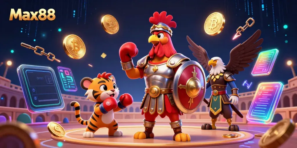 Max88 casino scene featuring a gladiator rooster in Roman armor surrounded by cryptocurrency elements, vibrant visuals.