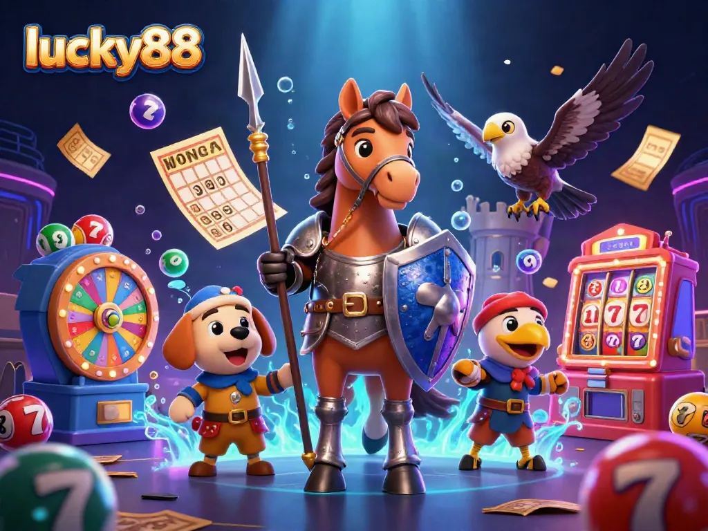 Experience thrilling wins at lucky88 with a colorful, engaging online casino scene featuring knights and playful elements.