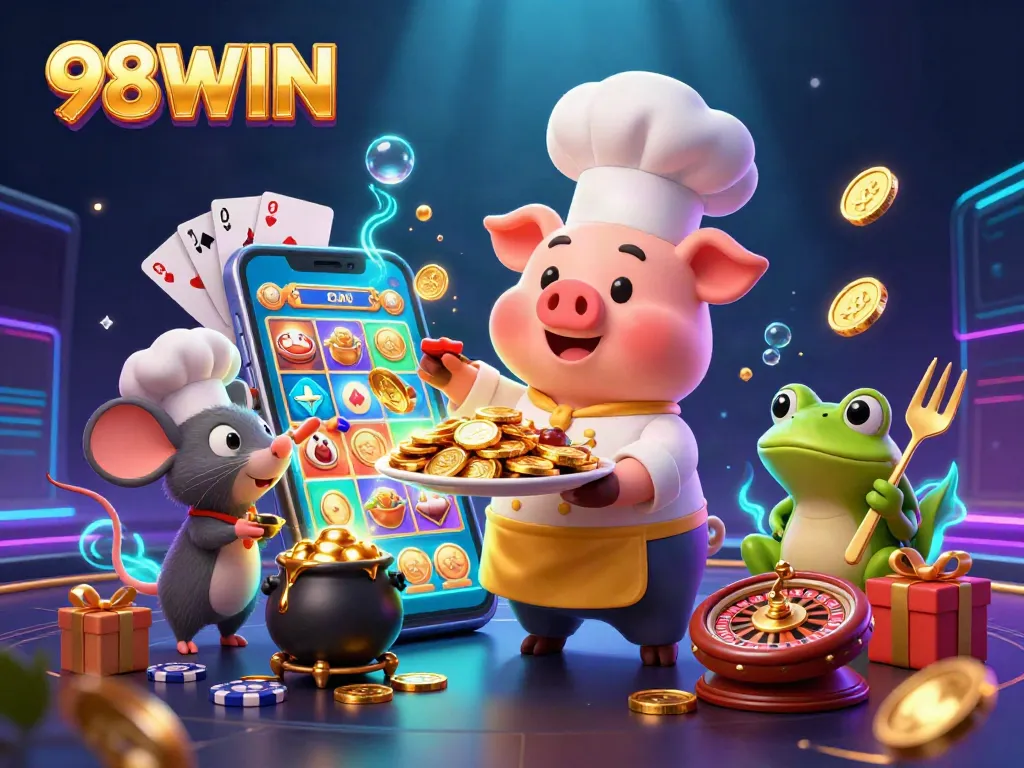 Engage with 98WIN's vibrant casino atmosphere showcasing gold coins and gaming excitement through dynamic 3D illustration.