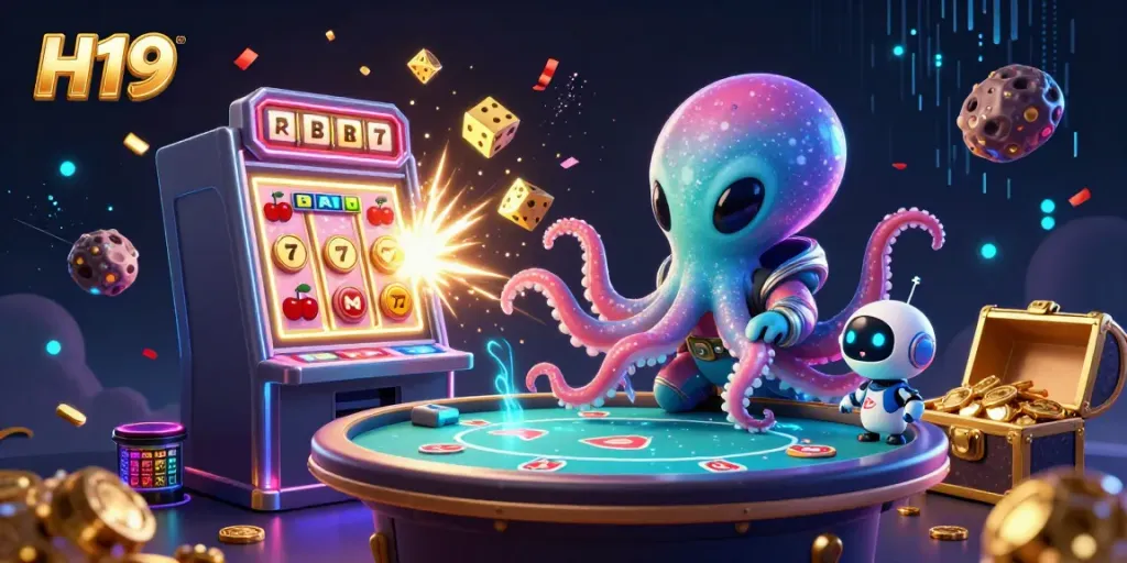 Engage with the vibrant H19 casino scene featuring an alien octopus at a poker table, surrounded by colorful gaming elements.
