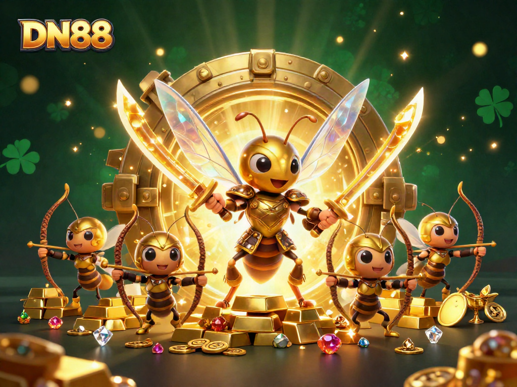 Experience thrilling gameplay at DN88 with a vibrant illustration of a golden hornet and rich casino treasures.