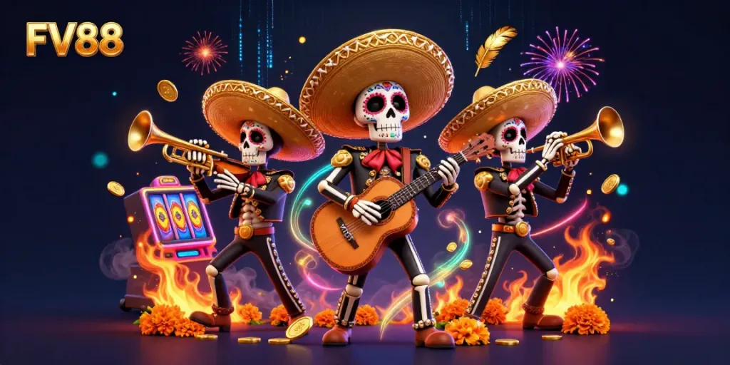 Engage with FV 88's vibrant online casino atmosphere featuring a mariachi band amid exciting game elements.