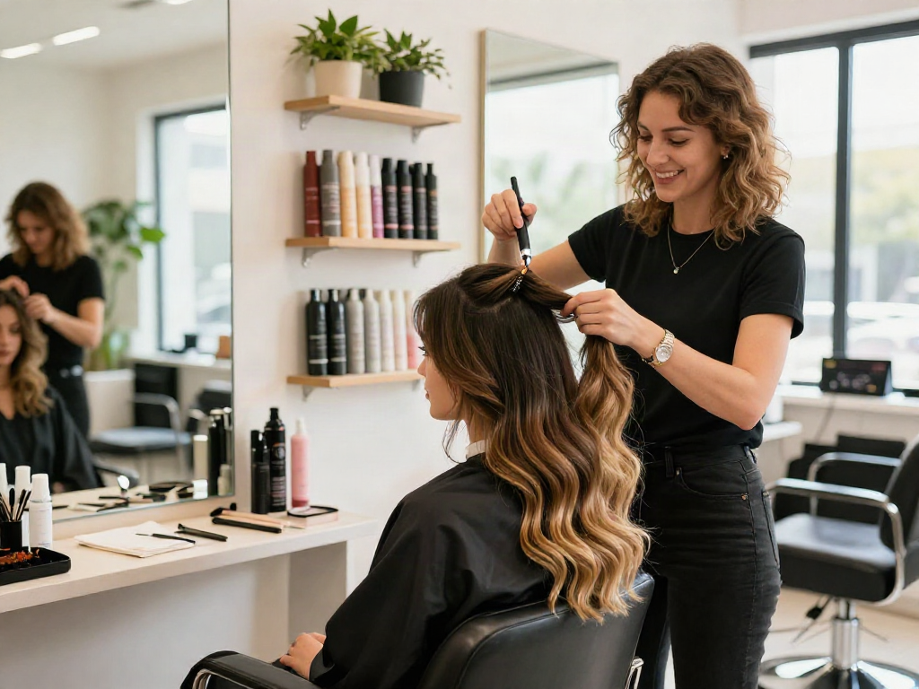 No damage hair extensions application in a bright salon with stylist and client.