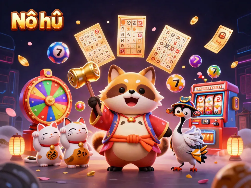 Nổ hũ scene featuring a cheerful tanuki, crane, and fortune cats celebrating with colorful lottery balls and game elements.