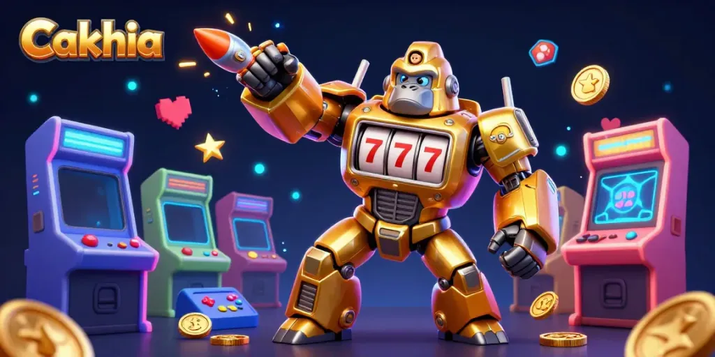 Cakhia showcases a golden gorilla mech, symbolizing gaming excitement with vibrant casino elements.